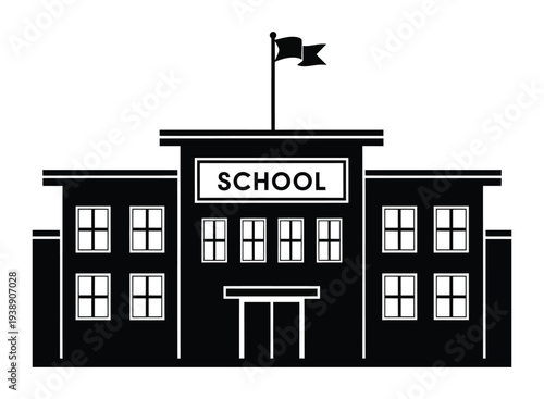 Black and white silhouette illustration of a classic school building with a flag on top and a 'SCHOOL' sign.