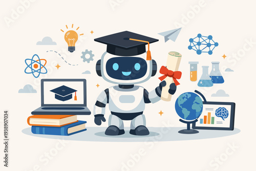 AI in Education Vector Illustration of a Robot Graduate Holding a Diploma with Online Learning Icons like Laptop Books Globe and Science Tools for Academic Innovation and Digital Schooling.