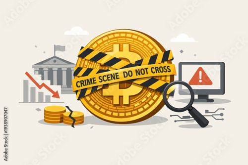 Bitcoin Cryptocurrency Crime Scene Investigation Concept with Yellow Caution Tape, Government Regulation, Market Crash Graph, Digital Fraud Warning on Monitor, and Magnifying Glass Vector Art