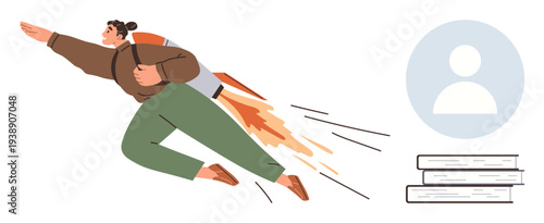 Education, career growth, personal development, innovation, ambition, motivation. Person flying with a jetpack, books and profile icon. Education and career growth concept