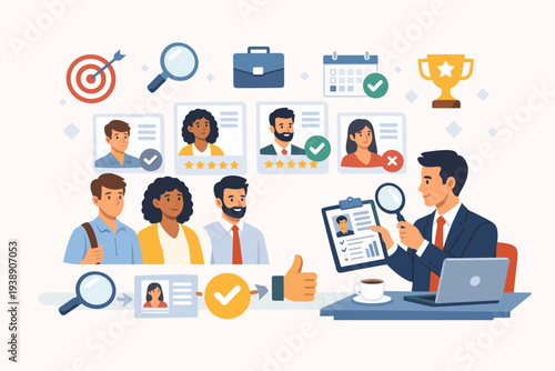 Recruitment and Candidate Selection Process Illustration with HR Manager Reviewing Resumes, Applicant Hiring Evaluation for Job Opportunity, Talent Acquisition and Career Search Strategy.