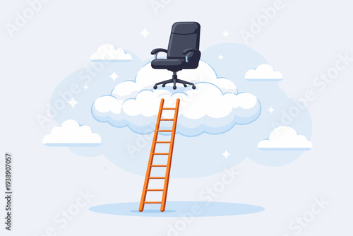 Career success and job position promotion concept with an office chair on a cloud and a ladder leading up to it, representing management opportunity, ambition, achievement, and leadership goals.