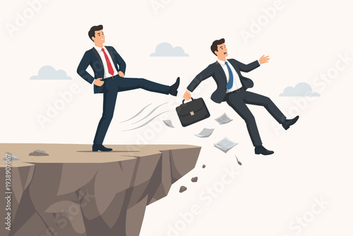 Businessman Kicking Colleague Off a Cliff, Concept of Corporate Betrayal, Sabotage, and Unfair Competition in Business Career, Backstabbing Coworker, Job Loss, and Professional Rivalry Image.
