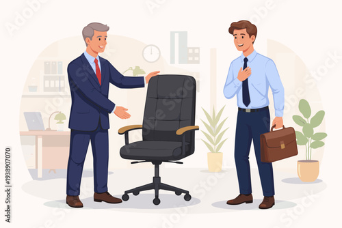Professional career development and job promotion illustration showing a boss offering an empty office chair to a successful employee candidate for a new executive role or corporate position.