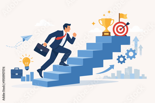 Ambitious businessman in suit running up stairs to reach golden trophy and target. Concept of career growth, professional development, job promotion, success, achievement, and goal attainment.