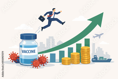 Businessman Jumping from Vaccine Bottle Towards Rising Economic Growth Graph with Coins, City Skyline, Cargo Ship and Airplane, Representing Global Recovery and Financial Success Post Pandemic
