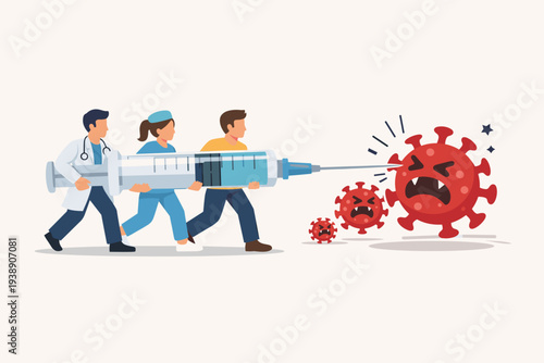 Medical Professionals Doctor and Nurse Carrying a Giant Syringe to Fight Against Coronavirus COVID-19 Concept. Healthcare Team Attacking Virus with Vaccine Injection for Global Immunization.