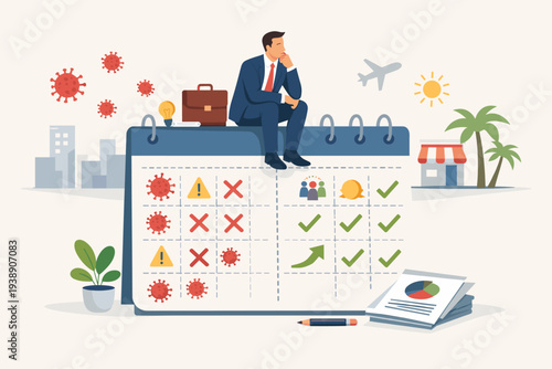 Businessman Sitting on a Large Calendar Planning for Business Reopening After COVID-19 Lockdown, Transition from Quarantine Restrictions to Economic Recovery and Growth with Virus Icons