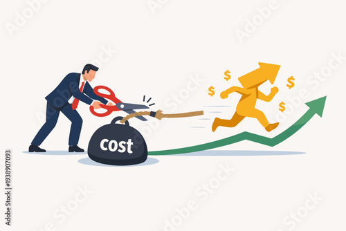 Businessman cutting rope of heavy cost weight with scissors to release profit growth. Concept of cost reduction, expense cutting, and increasing business profitability with upward trend arrow.