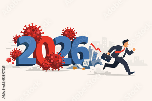 Businessman Running Away from Year 2026 with Coronavirus Particles and Economic Crash Symbols, Financial Crisis, Business Bankruptcy, Global Recession, Pandemic Impact on Economy, Vector Art