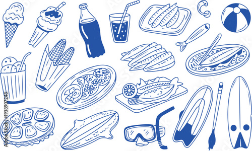 Coastal food and beach activities blue line art icons including surf