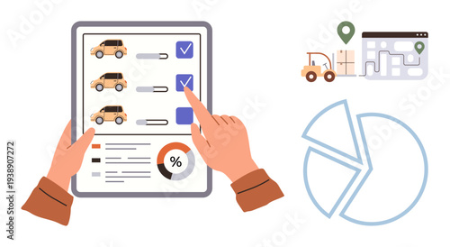 Fleet management, inventory planning, delivery logistics, data visualization, business analytics, vehicle selection process. Hands selecting cars on a checklist with charts. Fleet management
