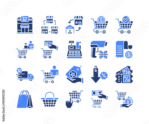Retail Commerce Icon Collection,  featuring Supermarket, Store, Procurement, Shopping, Checkout, Cashier, Payment, Cash Machine, Barcode Scanner, Receipt, Delivery, Consumer, Brand, Discount, Coupo.
