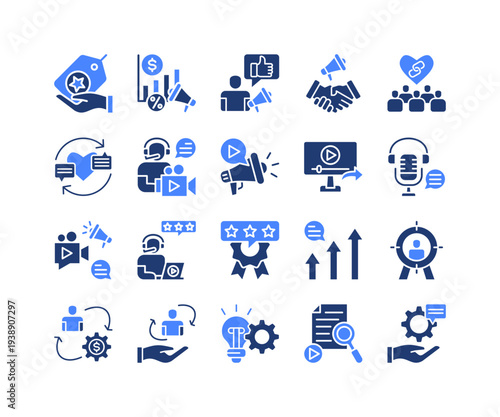 Brand Promotion Icon Collection,  featuring Brand, Promotion, Influencer, Sponsorship, Public Relation, Engagement, Content Creator, Video Marketing, Video Sharing, Podcast, Storytelling, Review, R.