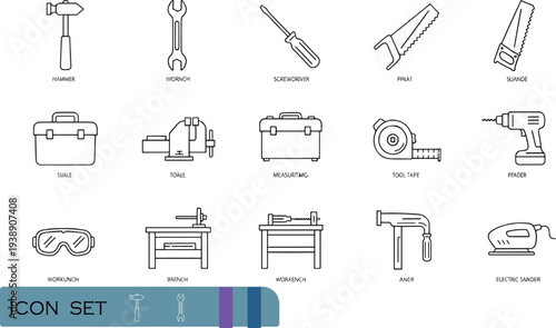 Print Professional Carpentry and Woodworking Tool Icon Set Featuring Industrial Power Drills Electric Sanders Workbenches and Essential Hand Tools with Labels