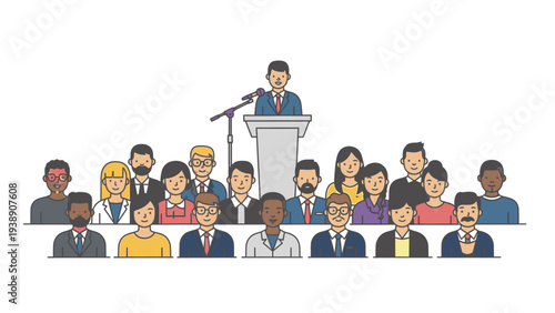 Illustration of a diverse group of people listening to a speaker at a podium with a microphone in a flat, colorful style.