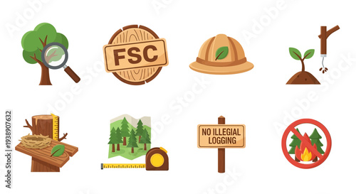 Eight illustrated icons related to forestry conservation and logging