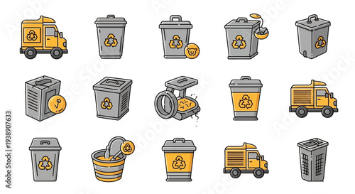 Collection of yellow and gray recycling bins and garbage trucks icons