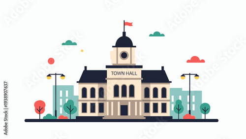 Flat illustration of a town hall building with a clock tower and flag, surrounded by trees and streetlights on a white background.