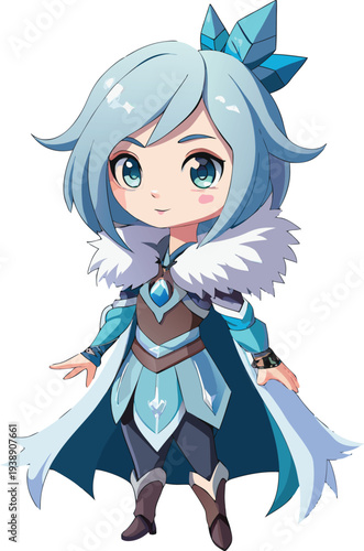 Cute chibi ice mage girl with blue hair vector illustration