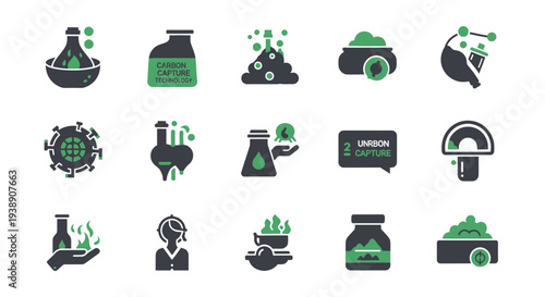 Fifteen dark gray and green icons related to chemistry capture and biology on a white background