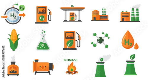 Flat icon set illustrating hydrogen production biomass and green energy technology