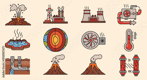 Icons illustrating geothermal energy sources and technology components