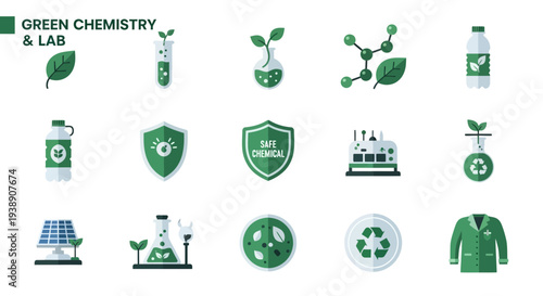 Green chemistry and lab icons displayed in three rows on a white background