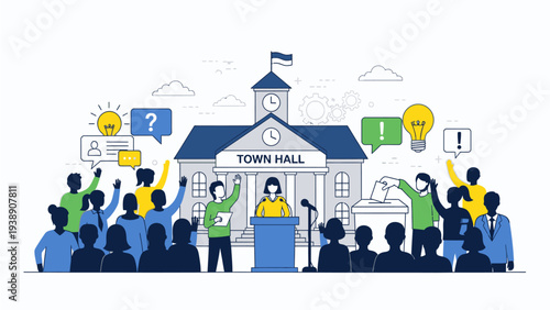 Illustration of a town hall meeting with people raising their hands and speech bubbles against a white background with blue and yellow accents.