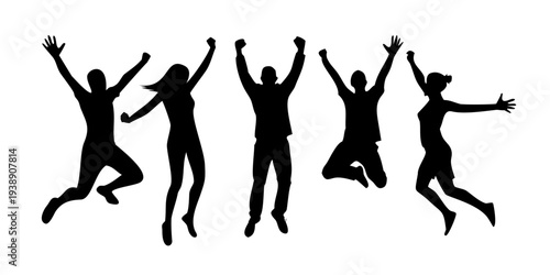Excited People Jumping Silhouette - Diverse Group Success Celebration Vector