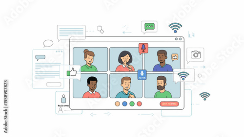 Illustration of a video conference call with six diverse participants on a computer screen surrounded by digital icons and symbols on a white background.