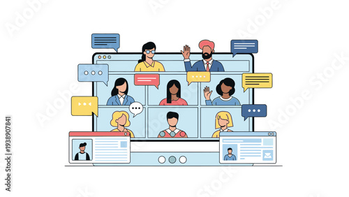 Illustration of diverse people on a video conference call with speech bubbles on a computer screen against a white background.