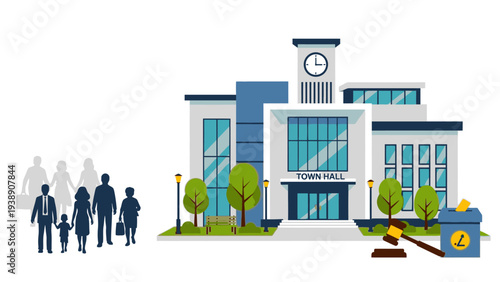 Illustration of a modern school building with people walking towards the entrance and a clock tower, set against a clean white background with blue accents and green trees.