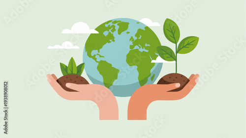 Earth in hands with plants symbolizing eco friendly care and sustainable living concept
