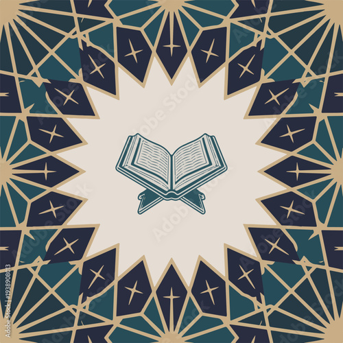 Traditional islamic pattern background with holy book central emblem