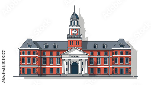 Illustration of a large red brick building with a clock tower and white portico against a white background.