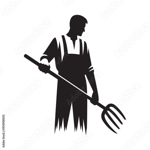 Farmer with Pitchfork Silhouette Vector Rustic Agriculture Worker Illustration Concept