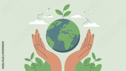 Hands cradling earth with green leaves and clouds symbolizing eco friendly care and sustainability