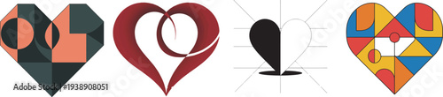 Set of four geometric heart shapes with various patterns and colors