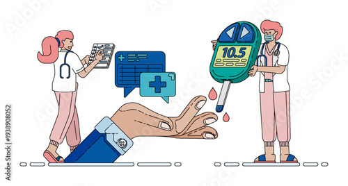 Healthcare illustration showing people testing blood sugar levels with a handheld glucose monitoring device for diabetes management and accurate medical records tracking.