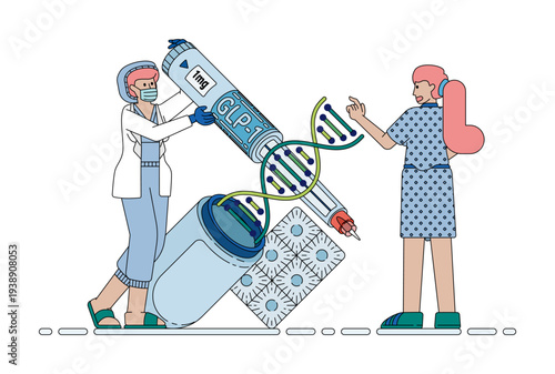 Medical illustration showing GLP-1 medications connected with DNA biotechnology for treating diabetes and regulating blood sugar levels through modern injections and oral pharmaceutical treatments.
