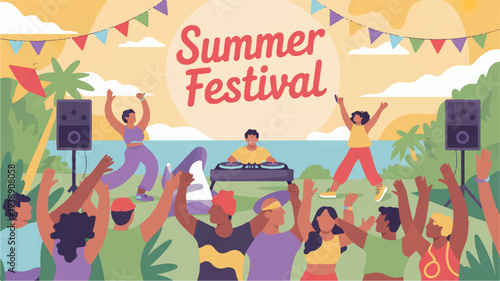 Vibrant summer festival crowd celebrating with dj at outdoor music event by ocean