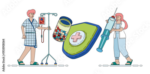 Healthcare illustration representing patient protection and safety with shield and medical cross symbols while receiving medication, injections, and infusion treatment under medical supervision