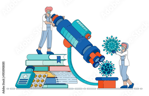 Medical illustration showing doctors researching antiviral medications using microscopes and laboratory equipment while studying virus based diseases in hospitals to develop effective pharmaceutical
