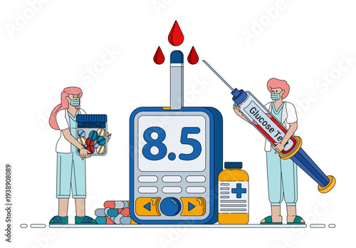 Medical illustration showing diabetes patients checking blood sugar levels while using medications such as injections, pills, and tablets to manage glucose control and long term treatment.