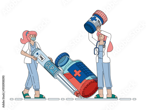Medical illustration showing GLP-1 injectable medications used in diabetes treatment to regulate blood sugar levels and support metabolic therapy for improved patient health management.