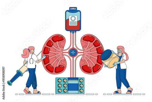 Medical illustration of doctors diagnosing and treating kidney disease using medications, laboratory tests, and urine analysis to support internal medicine treatment and patient health monitoring.