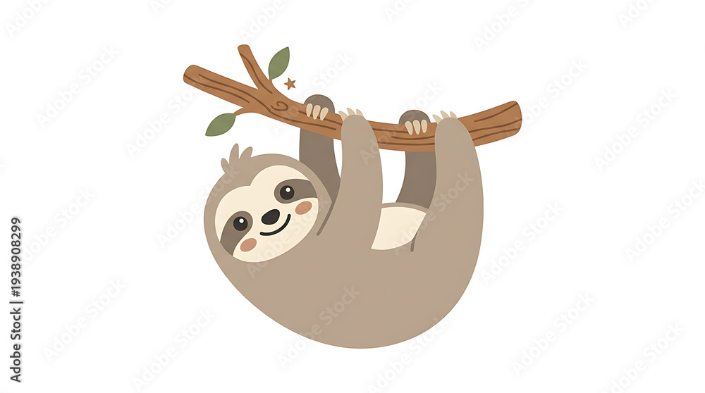 Fototapeta premium Cartoon Sloth Hanging on Branch 1.