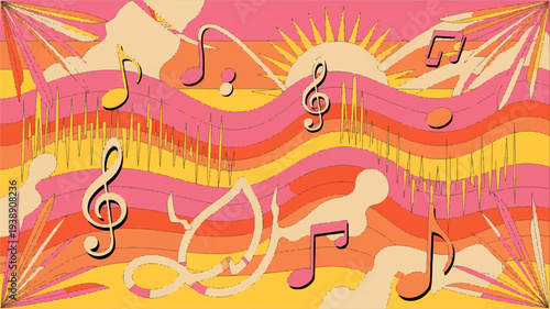 Vibrant music notes on colorful abstract background with wavy lines and sunburst