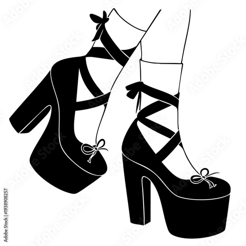 Platform high heel Mary Jane pumps with ankle strap bow — feminine office and evening fashion look, two slim woman legs crossed in pose, glamour silhouette style